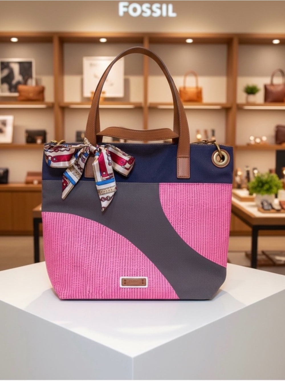 Fossil Pink, Gray & Navy Crossbody Tote with Brown Handles